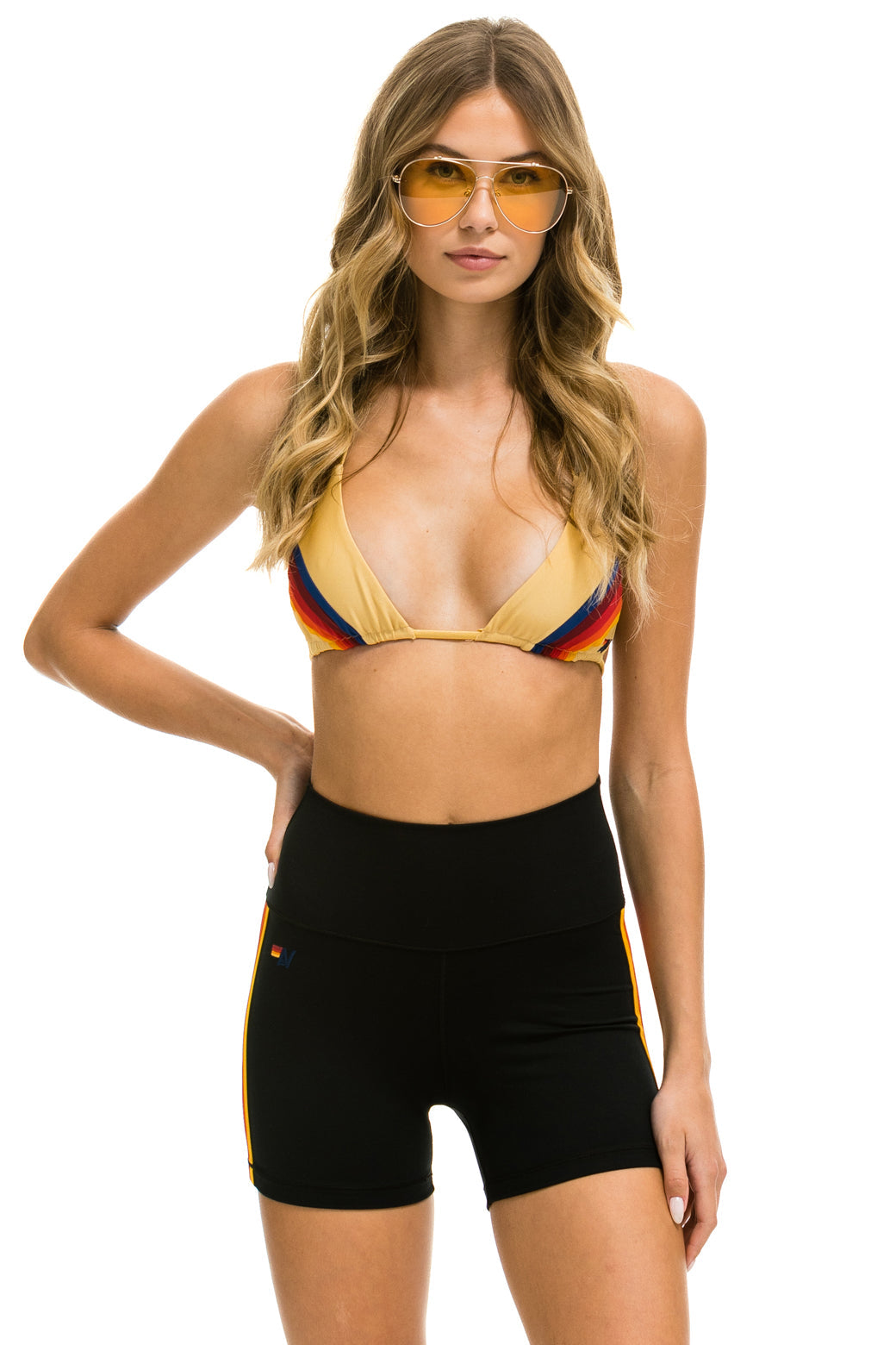 5 STRIPE RAINBOW 4 INCH HI-RISE BIKER SHORT - BLACK - Image 2