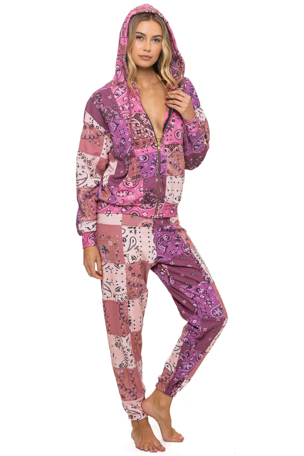 BANDANA QUILTED RELAXED ZIP HOODIE - PINK - Image 3