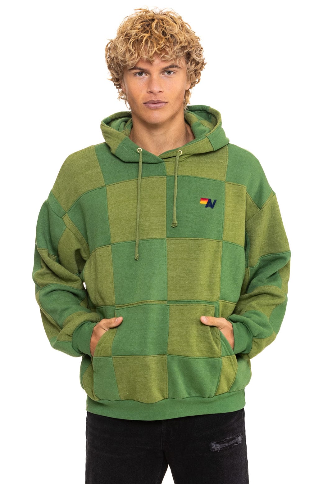 CHECK QUILT RELAXED PULLOVER HOODIE - JUNGLE GREEN // PALM - Image 4