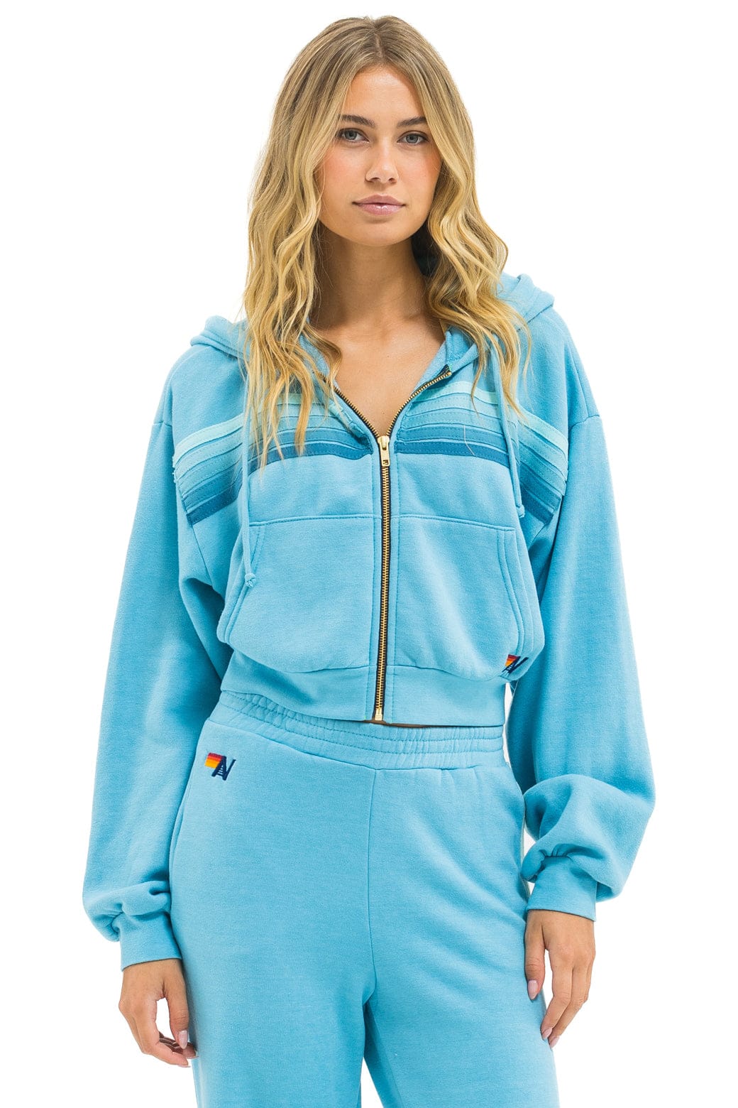 5 STRIPE CROPPED ZIP HOODIE RELAXED - AQUA // AQUA - Image 2
