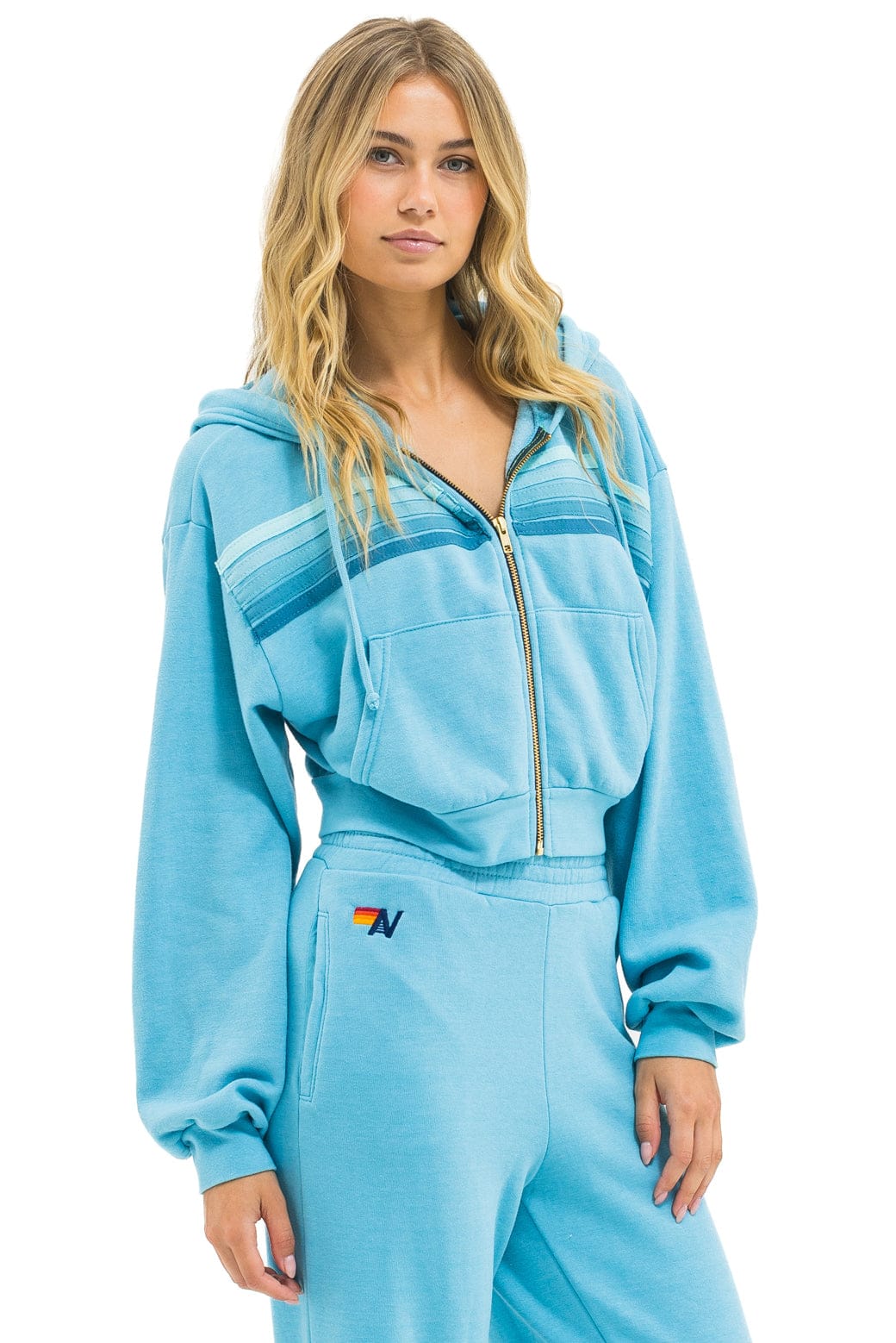 5 STRIPE CROPPED ZIP HOODIE RELAXED - AQUA // AQUA - Image 3