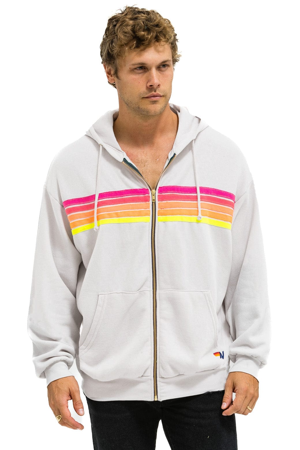 5 STRIPE RELAXED ZIP HOODIE - DOVE GREY // NEON - Image 2