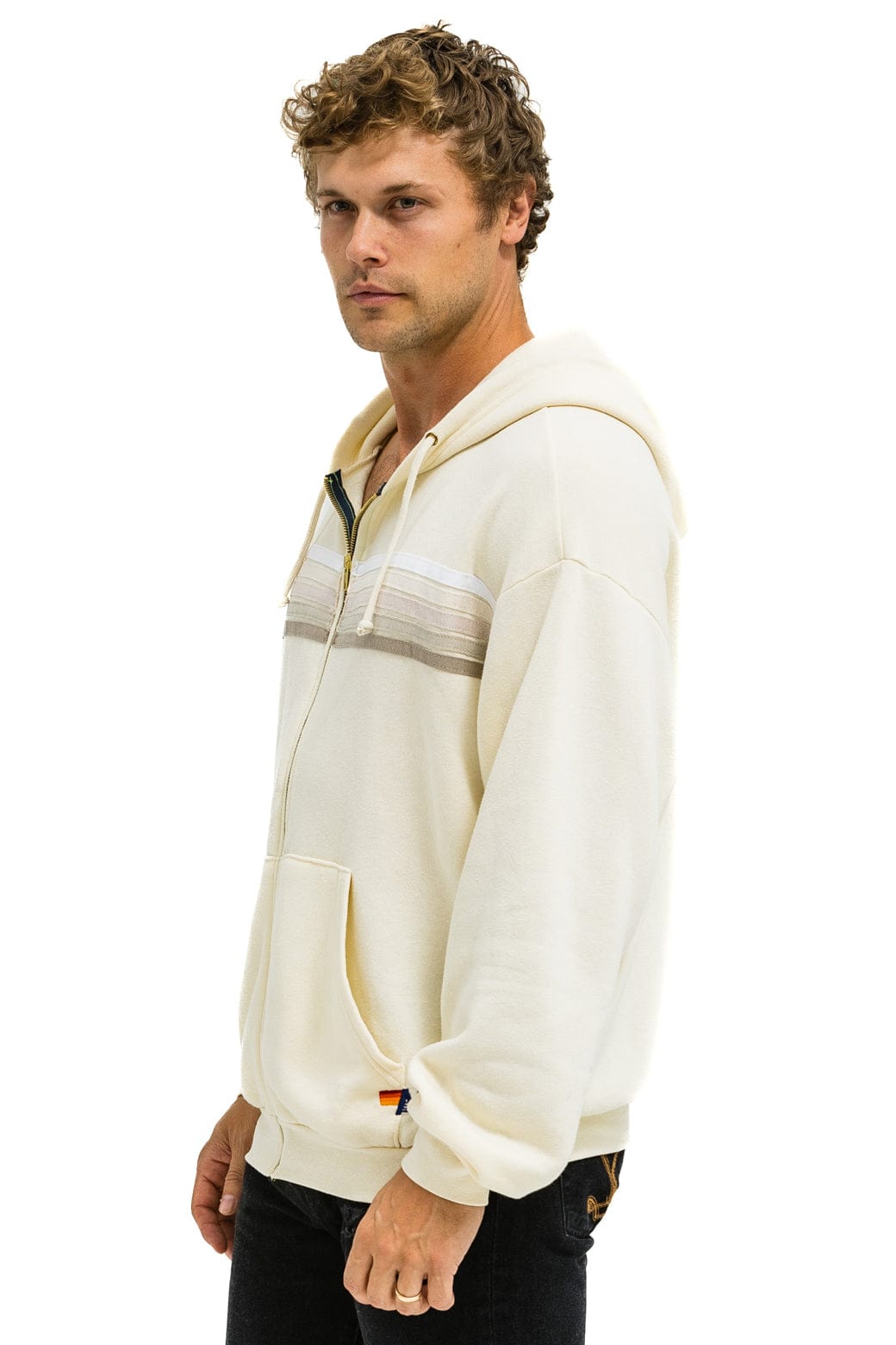 5 STRIPE RELAXED ZIP HOODIE - VINTAGE WHITE // WHITE // GREY - Image 4