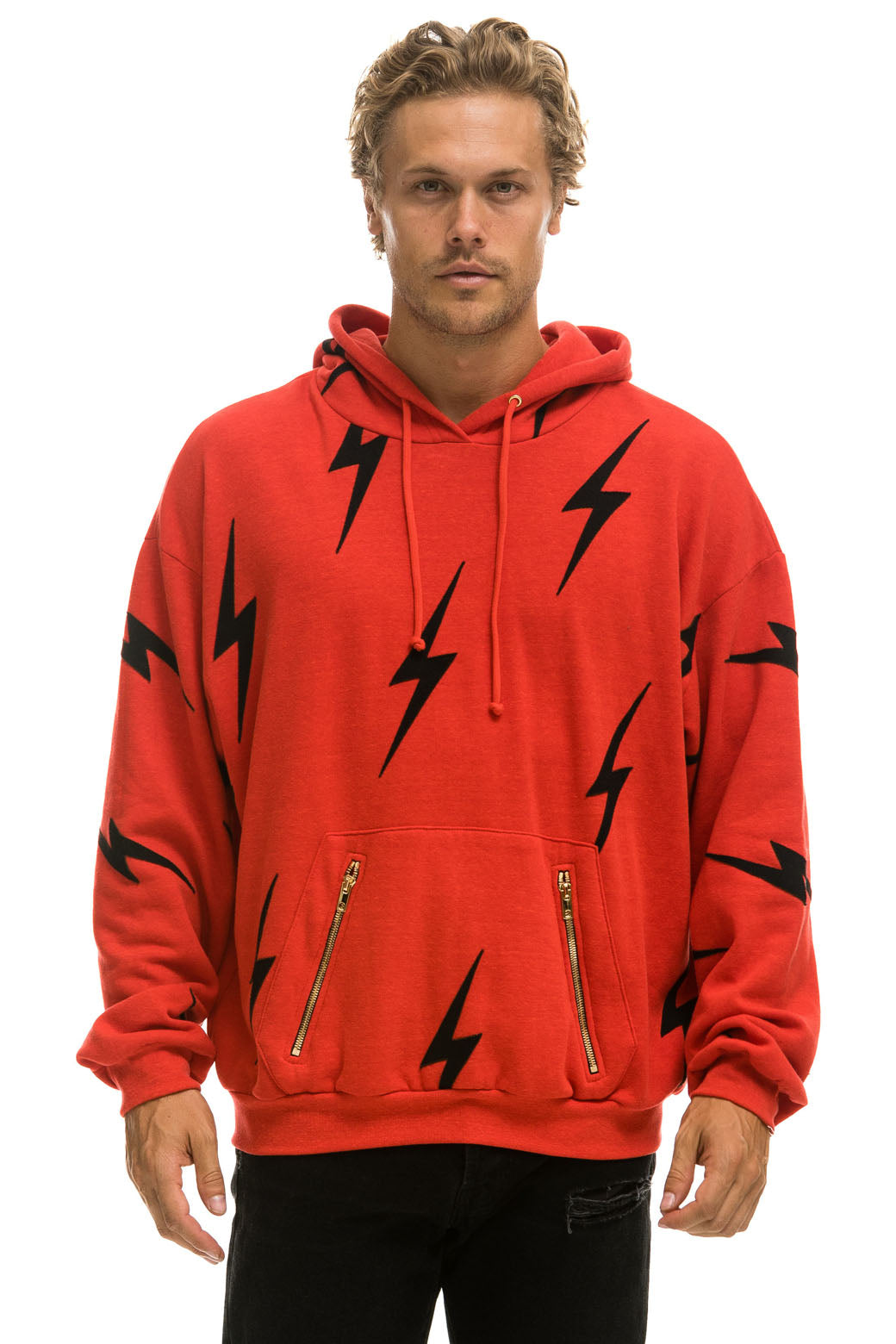 BOLT STITCH REPEAT RELAXED PULLOVER HOODIE WITH POCKET ZIPPERS - RED // BLACK - Image 4