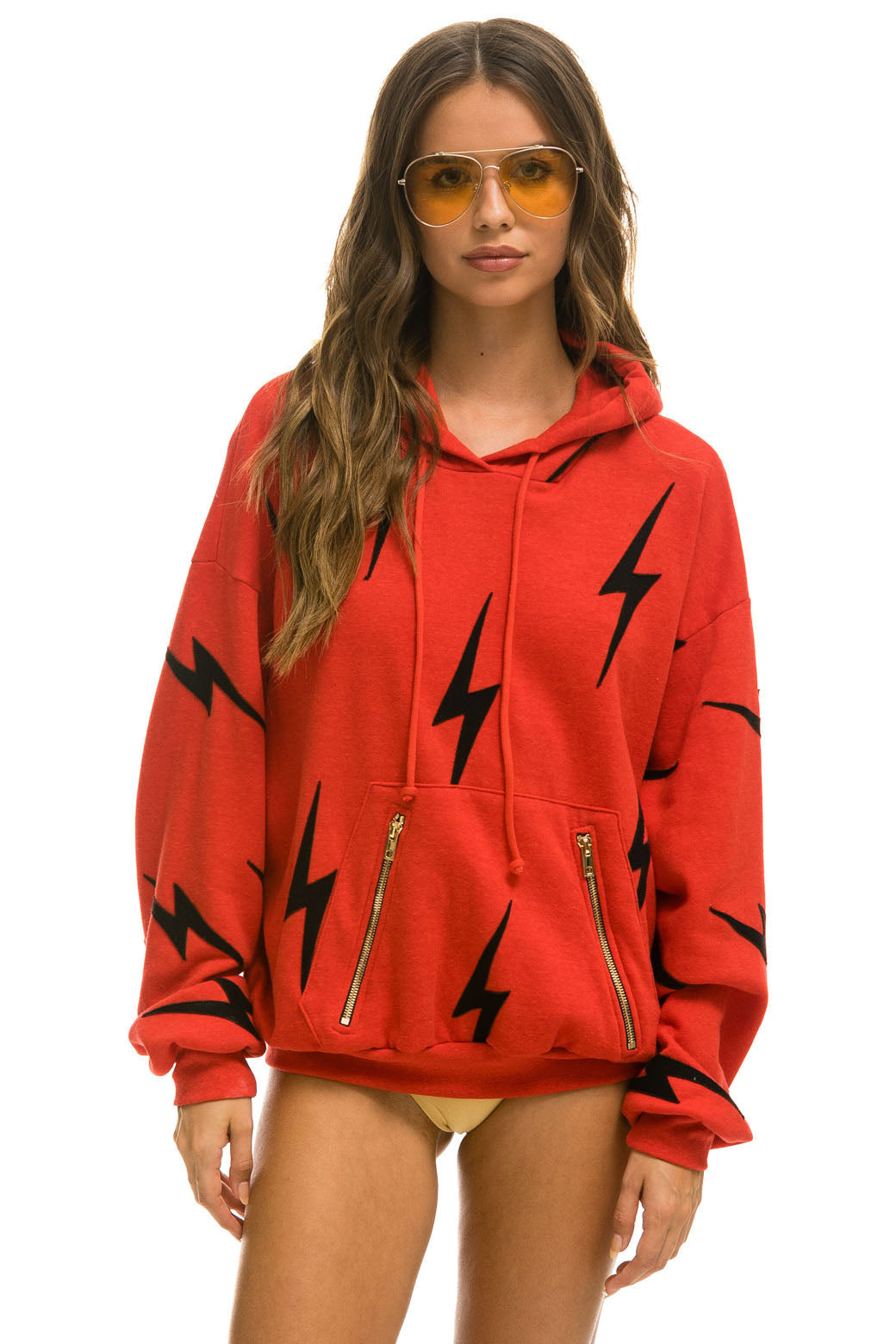BOLT STITCH REPEAT RELAXED PULLOVER HOODIE WITH POCKET ZIPPERS - RED // BLACK - Image 3