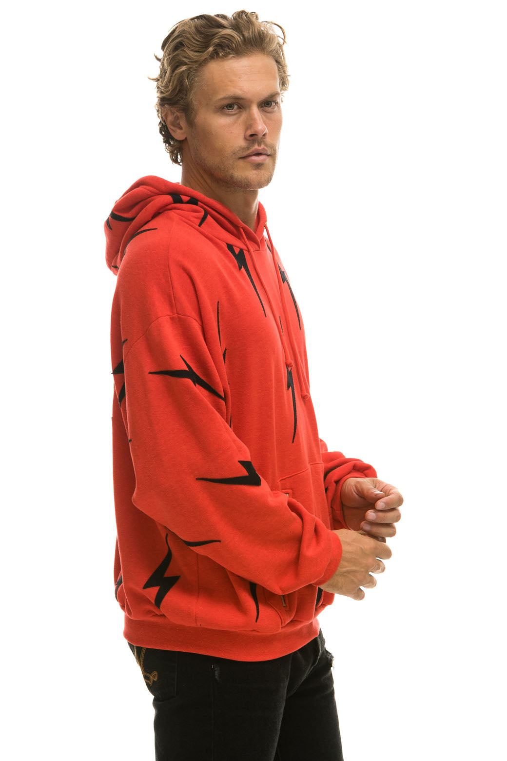 BOLT STITCH REPEAT RELAXED PULLOVER HOODIE WITH POCKET ZIPPERS - RED // BLACK - Image 7