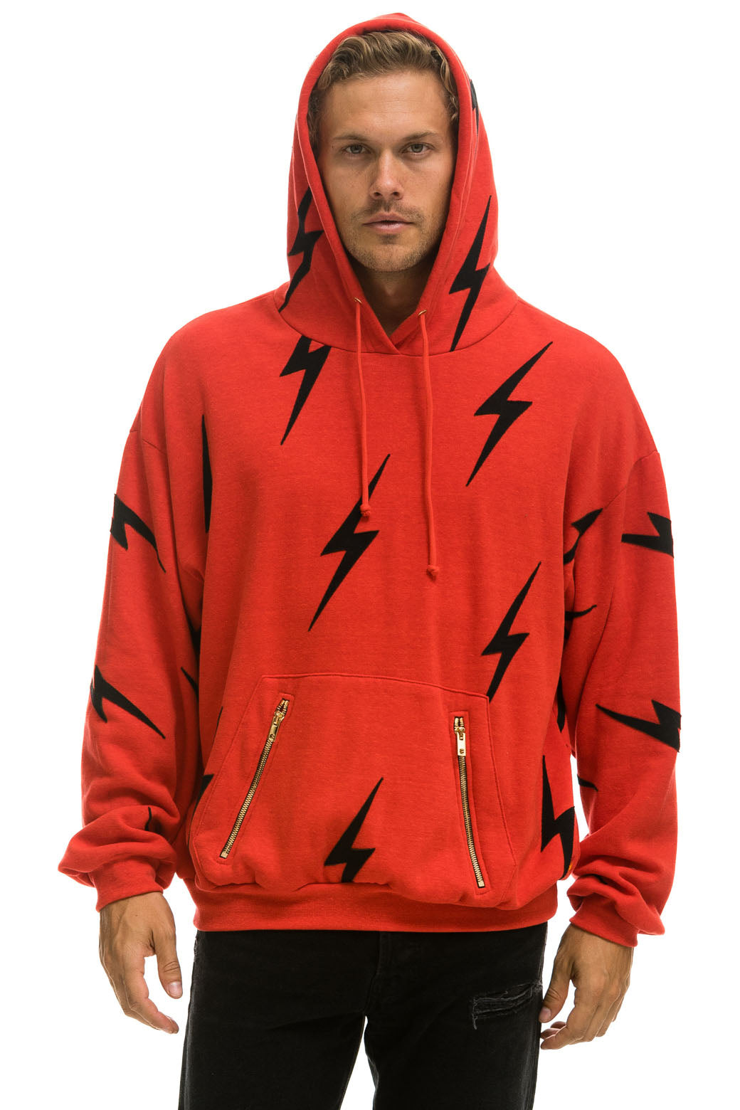 BOLT STITCH REPEAT RELAXED PULLOVER HOODIE WITH POCKET ZIPPERS - RED // BLACK - Image 2