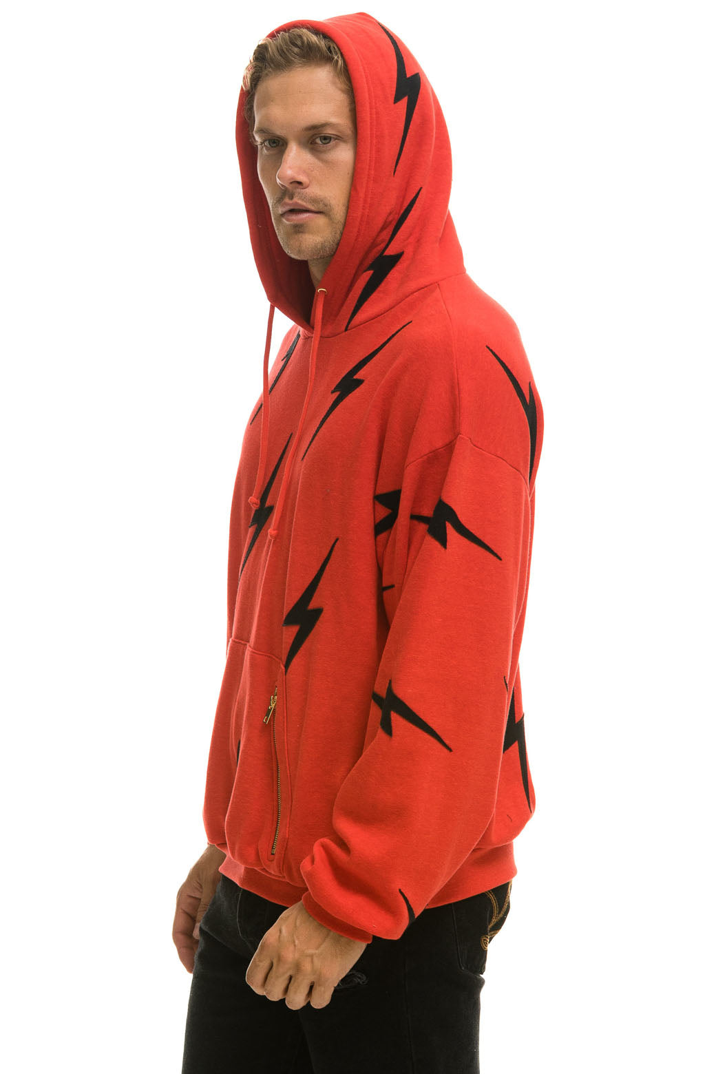 BOLT STITCH REPEAT RELAXED PULLOVER HOODIE WITH POCKET ZIPPERS - RED // BLACK - Image 6