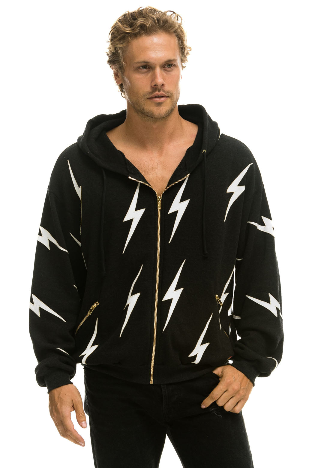 BOLT STITCH REPEAT RELAXED ZIP HOODIE WITH POCKET ZIPPERS- BLACK // WHITE - Image 6