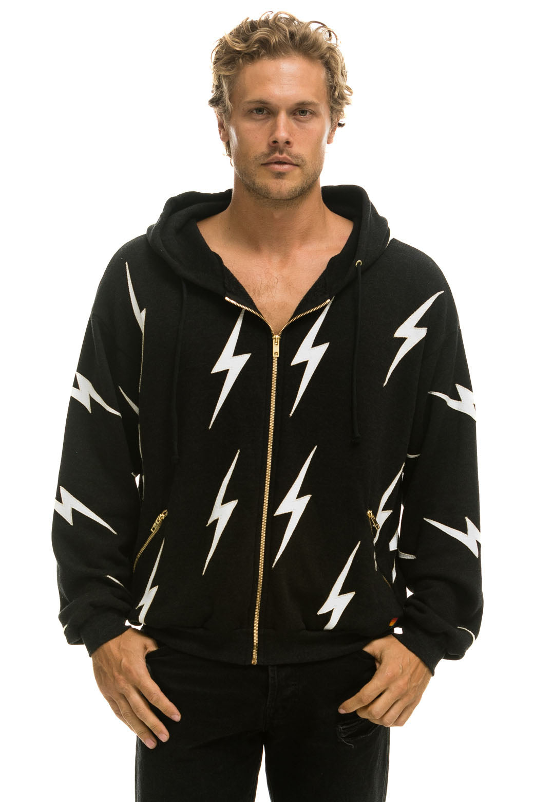 BOLT STITCH REPEAT RELAXED ZIP HOODIE WITH POCKET ZIPPERS- BLACK // WHITE - Image 2