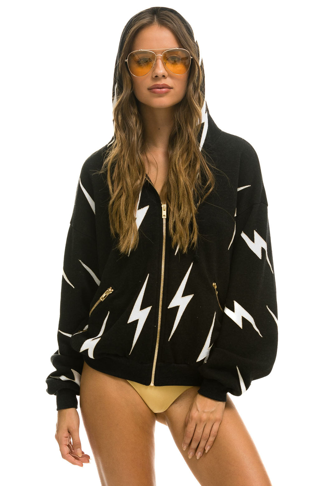 BOLT STITCH REPEAT RELAXED ZIP HOODIE WITH POCKET ZIPPERS- BLACK // WHITE - Image 9