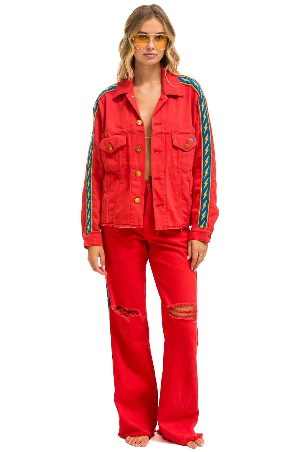 BOLT STRIPE HI RISE WIDE-LEG GYPSY JEAN - RED - Image 5