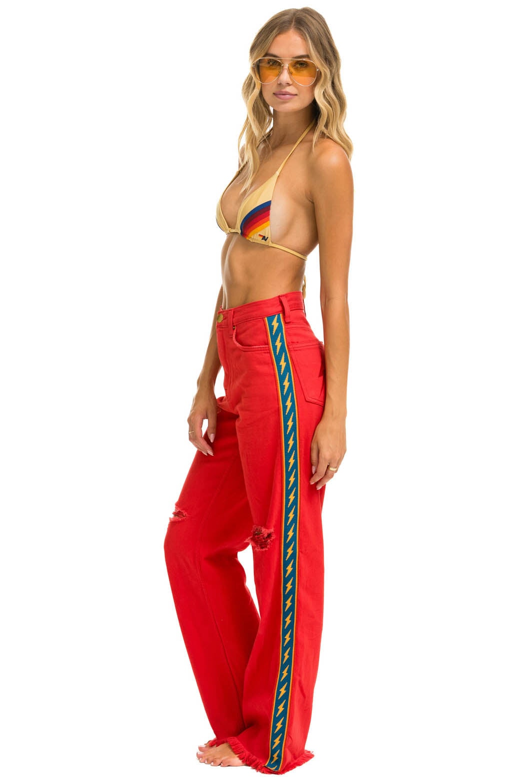 BOLT STRIPE HI RISE WIDE-LEG GYPSY JEAN - RED - Image 4
