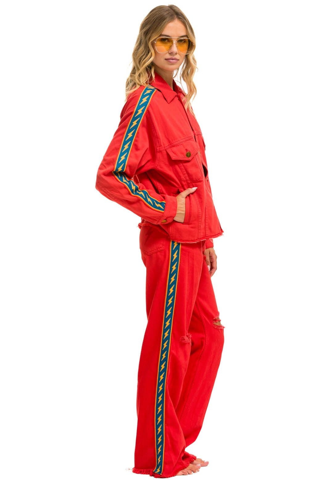 BOLT STRIPE HI RISE WIDE-LEG GYPSY JEAN - RED - Image 6