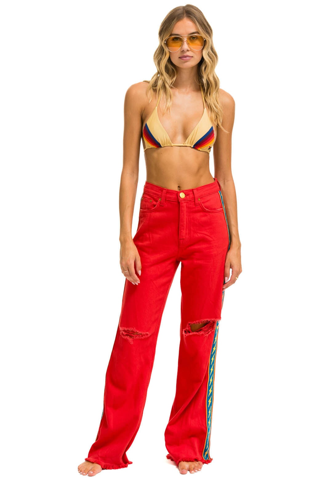BOLT STRIPE HI RISE WIDE-LEG GYPSY JEAN - RED - Image 2