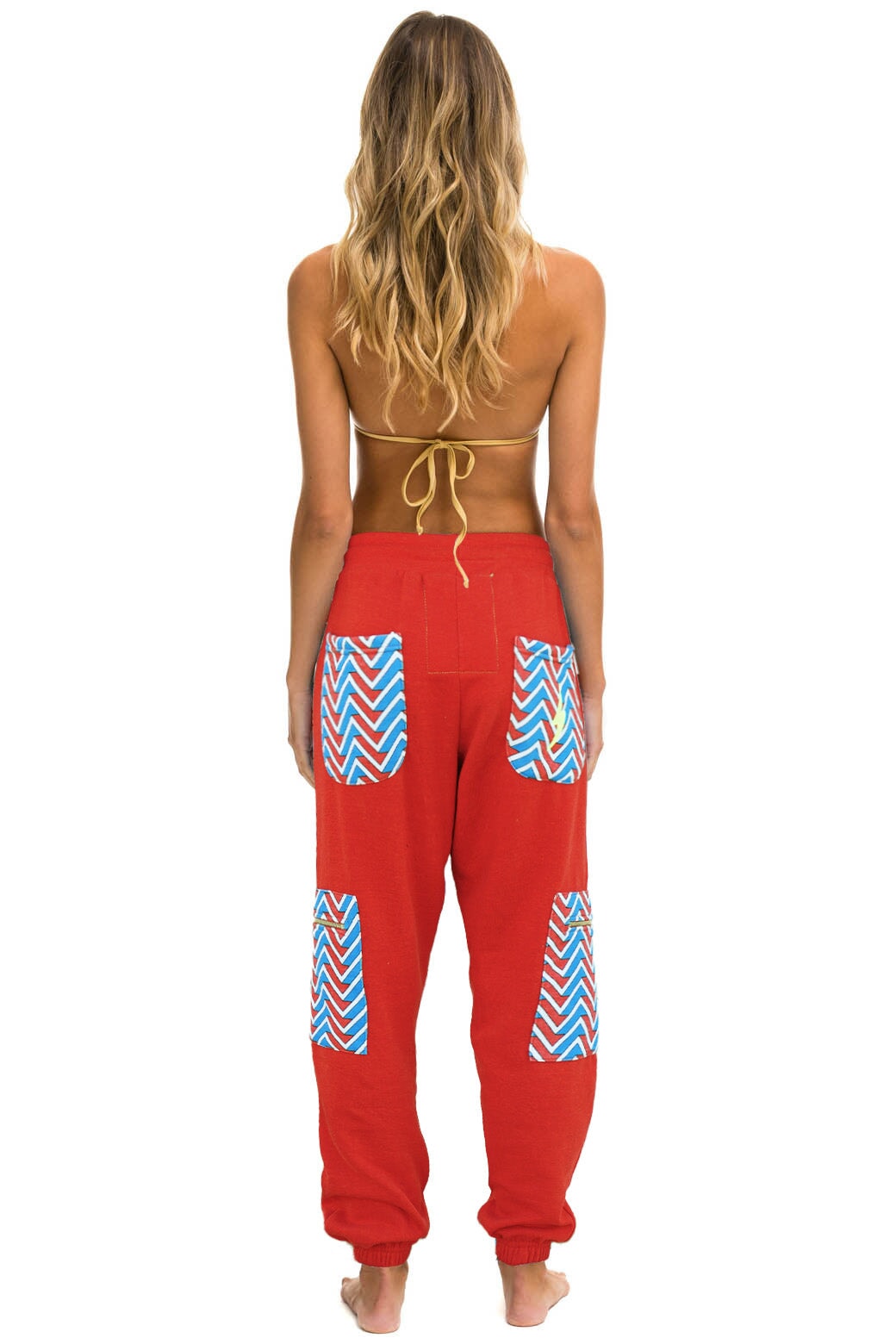 GEO ZIG BOLT EMBROIDERY CARGO COLOR BLOCK SWEATPANTS - RED // BLUE - Image 2