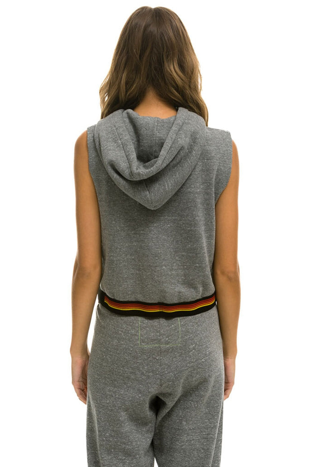 LOGO STRIPE SLEEVELESS CROP PULLOVER HOODIE - HEATHER GREY - Image 4