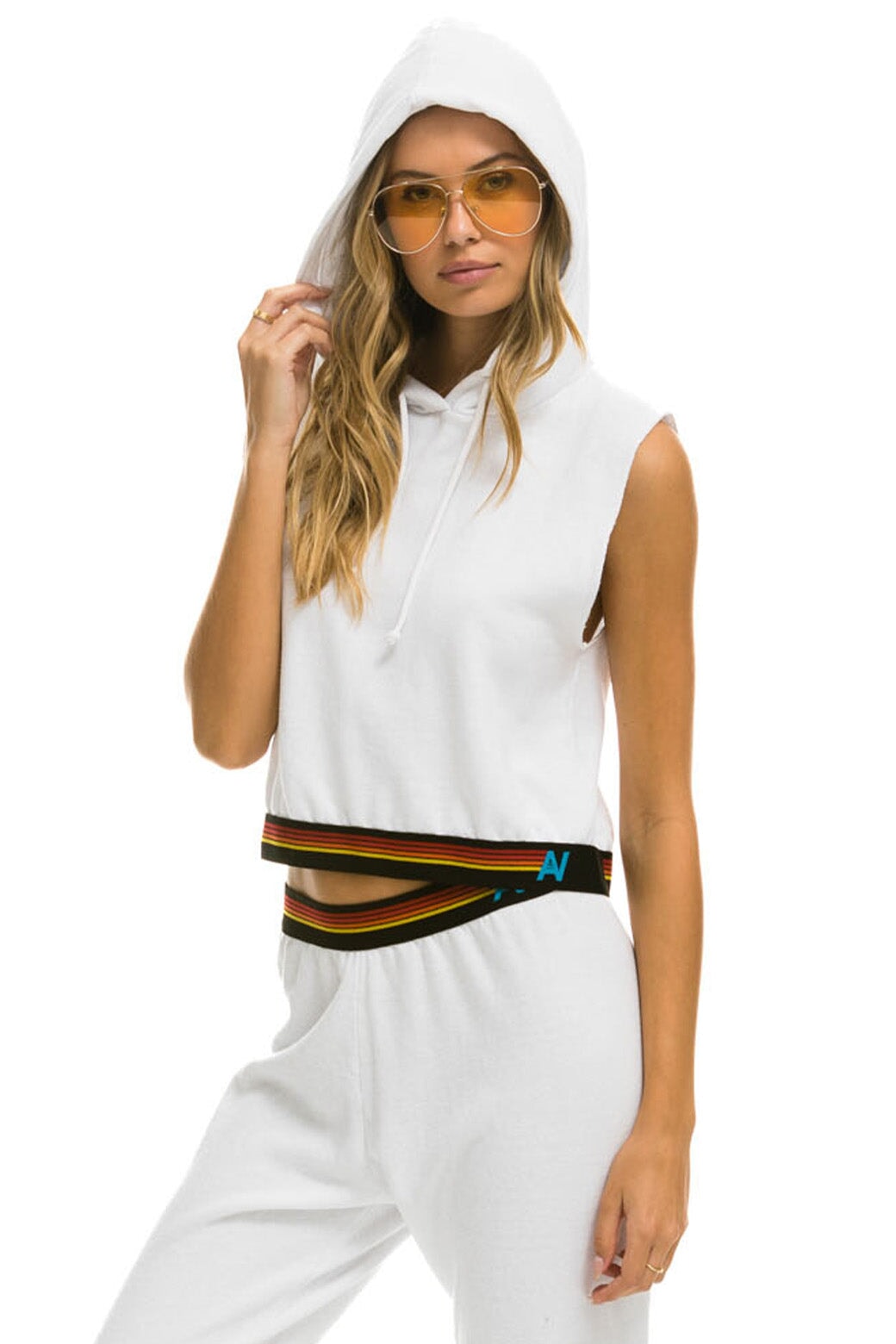 LOGO STRIPE SLEEVELESS CROP PULLOVER HOODIE - WHITE - Image 3