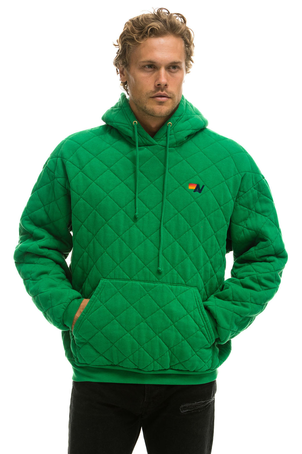 QUILTED RELAXED PULLOVER HOODIE - KELLY GREEN - Image 4
