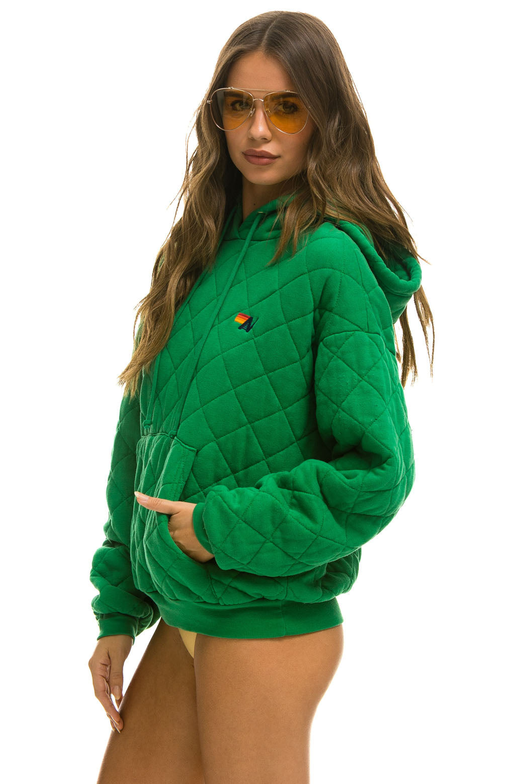 QUILTED RELAXED PULLOVER HOODIE - KELLY GREEN - Image 3