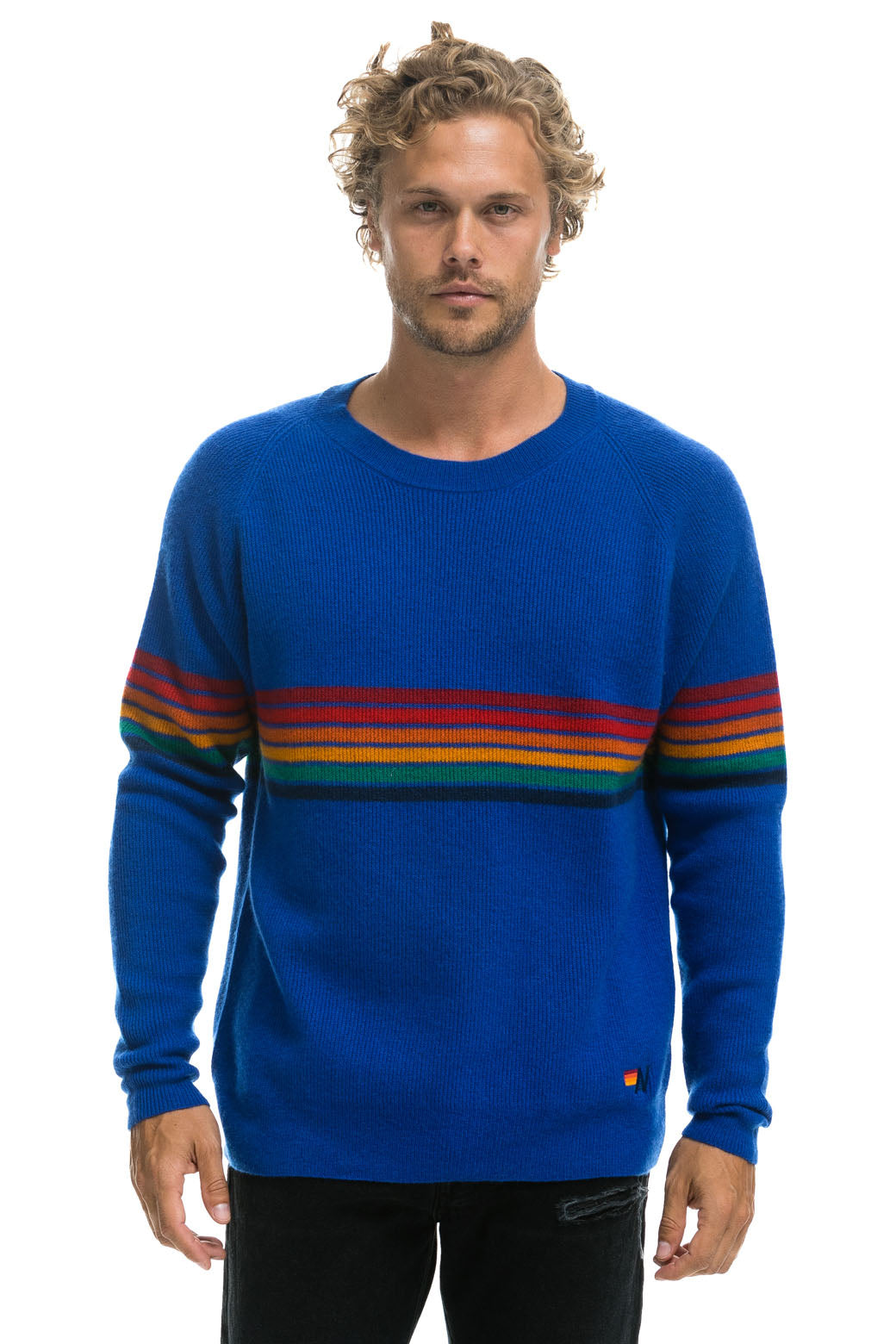RAINBOW STRIPE 6 UNISEX CASHMERE SWEATER - LAPIS - Image 2