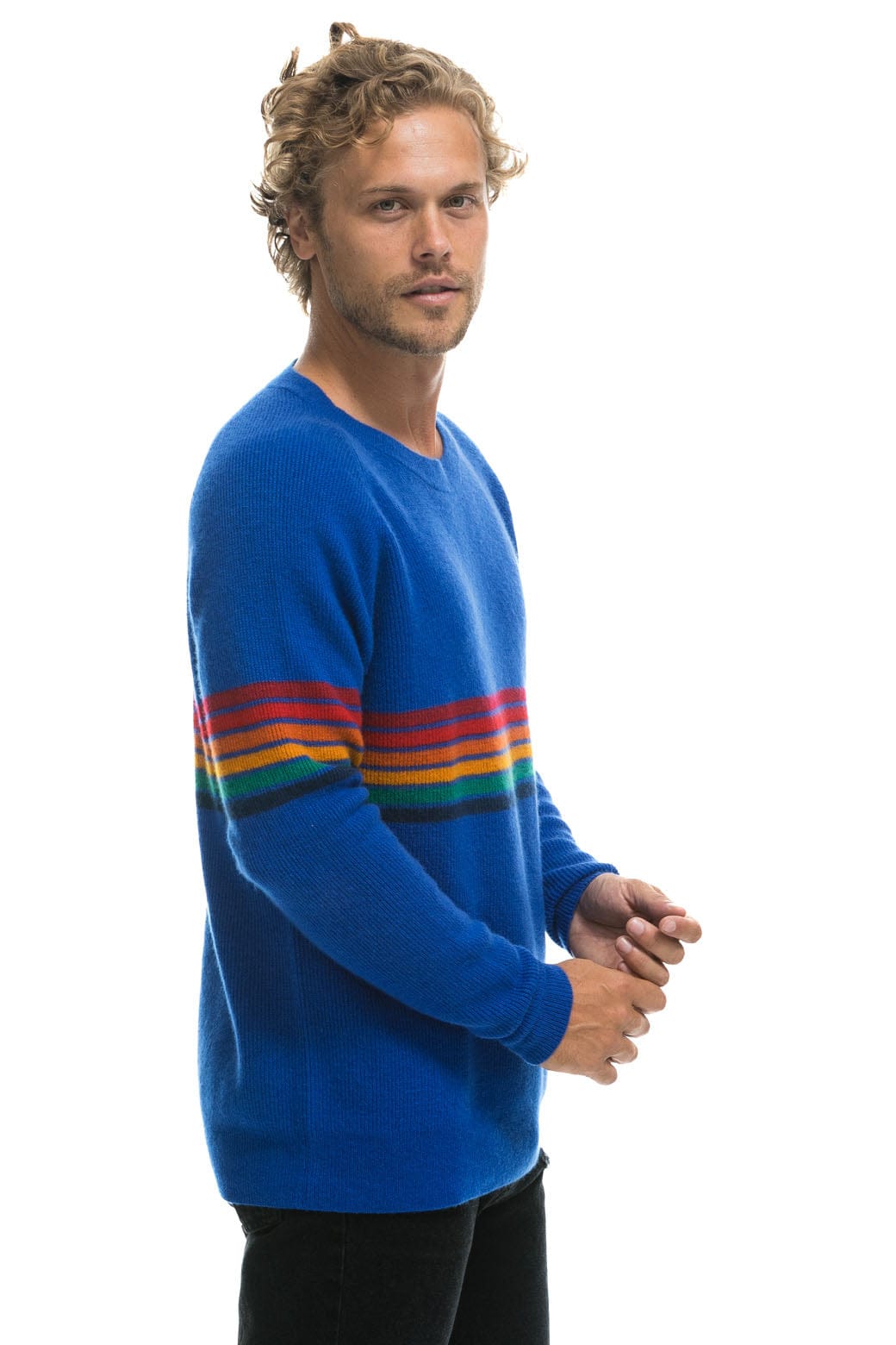 RAINBOW STRIPE 6 UNISEX CASHMERE SWEATER - LAPIS - Image 8