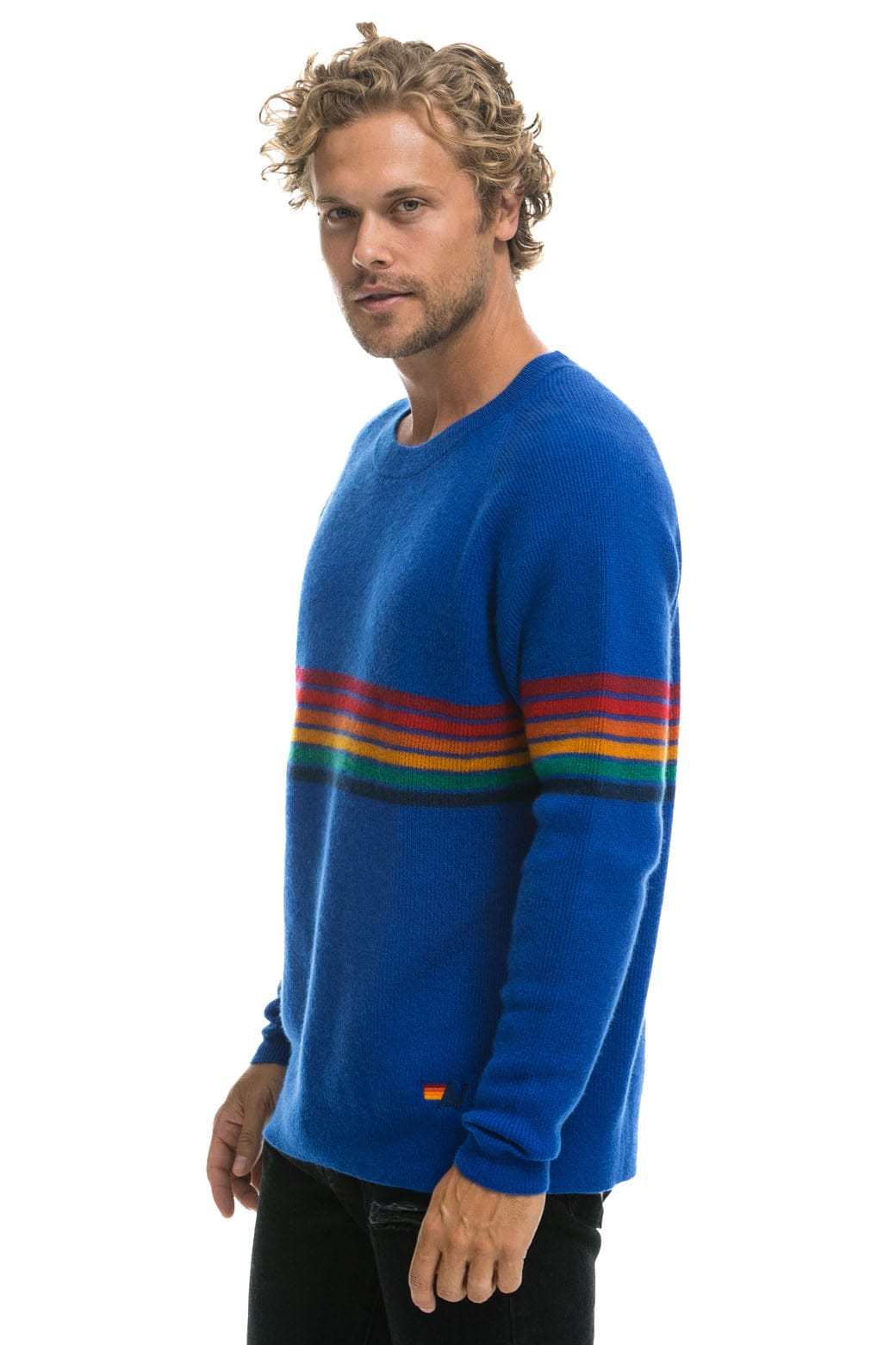 RAINBOW STRIPE 6 UNISEX CASHMERE SWEATER - LAPIS - Image 4