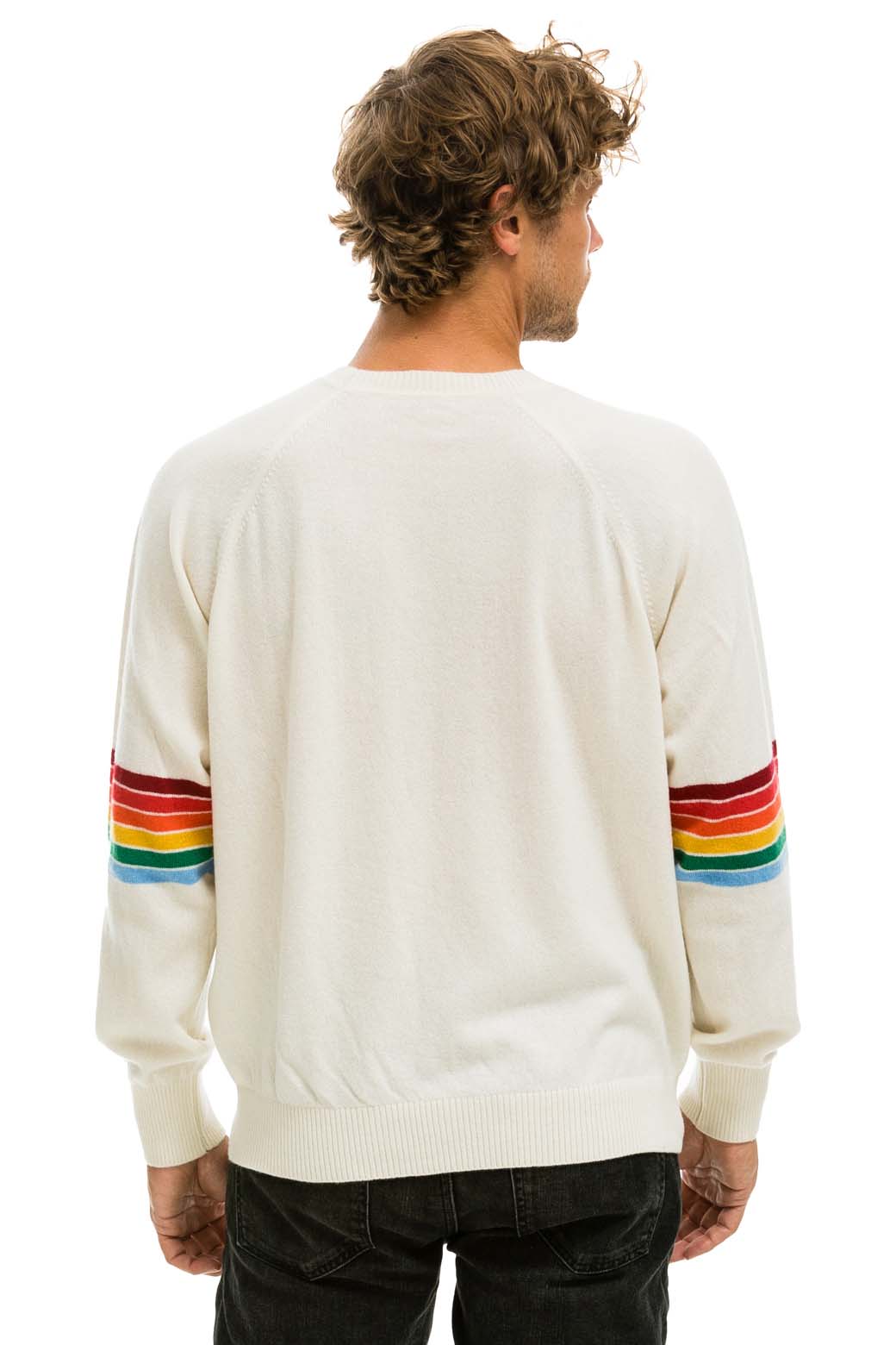 RAINBOW STRIPE SLEEVE UNISEX CASHMERE LIGHT SWEATER - VINTAGE WHITE - Image 8