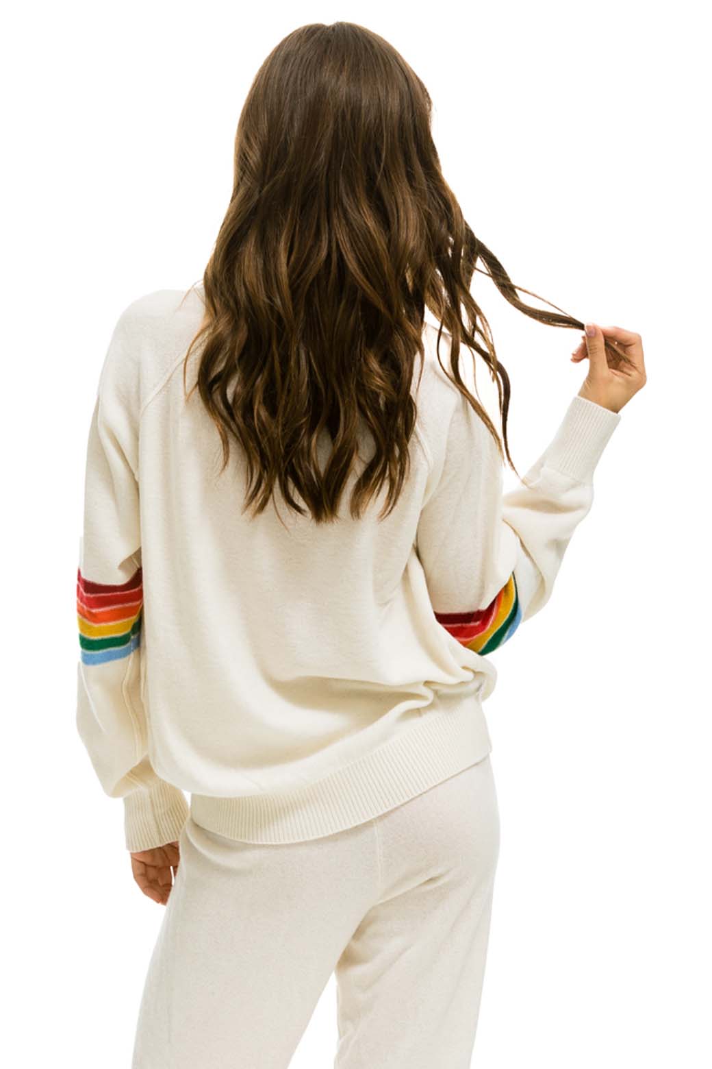 RAINBOW STRIPE SLEEVE UNISEX CASHMERE LIGHT SWEATER - VINTAGE WHITE - Image 4