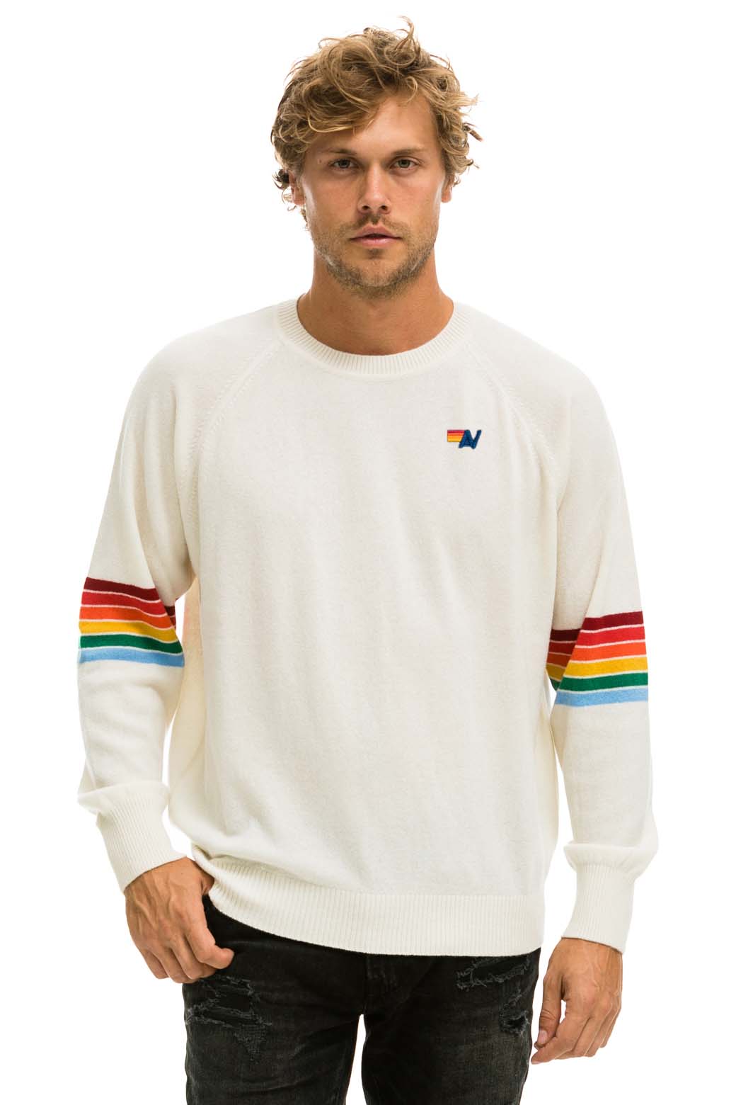RAINBOW STRIPE SLEEVE UNISEX CASHMERE LIGHT SWEATER - VINTAGE WHITE - Image 2