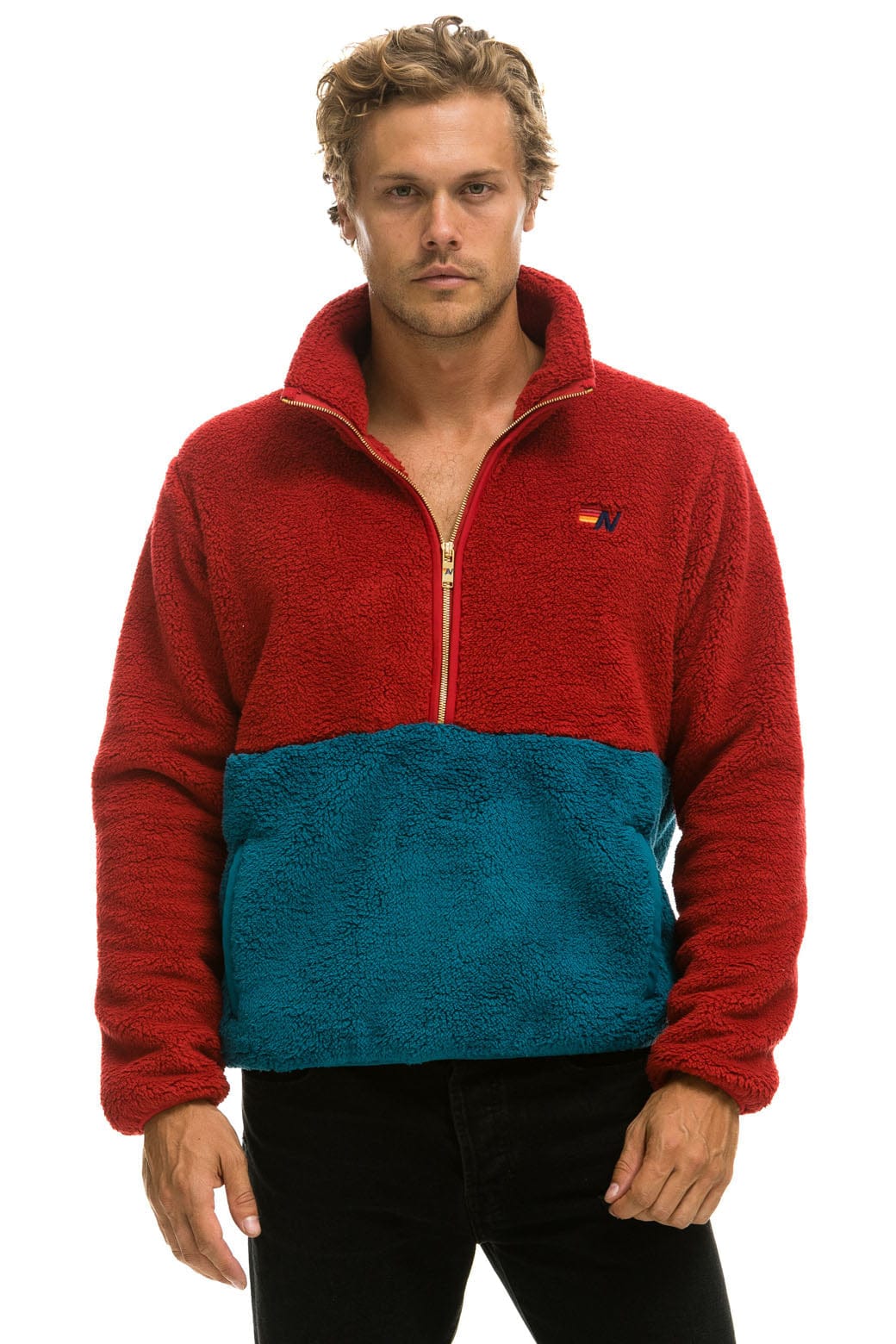 TEDDY UNISEX HALF ZIP COLOR BLOCK JACKET - CHERRY - Image 2