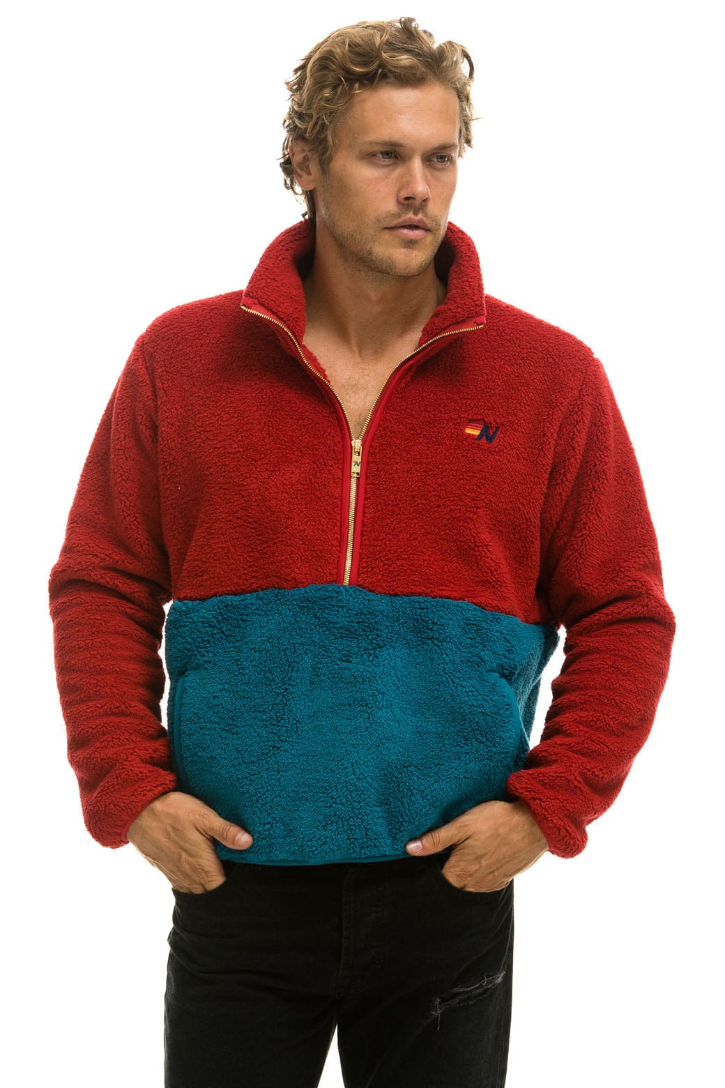 TEDDY UNISEX HALF ZIP COLOR BLOCK JACKET - CHERRY - Image 9
