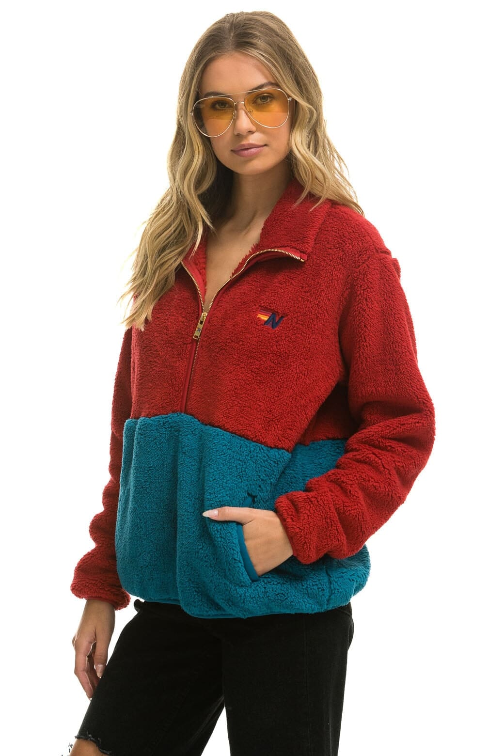 TEDDY UNISEX HALF ZIP COLOR BLOCK JACKET - CHERRY - Image 4