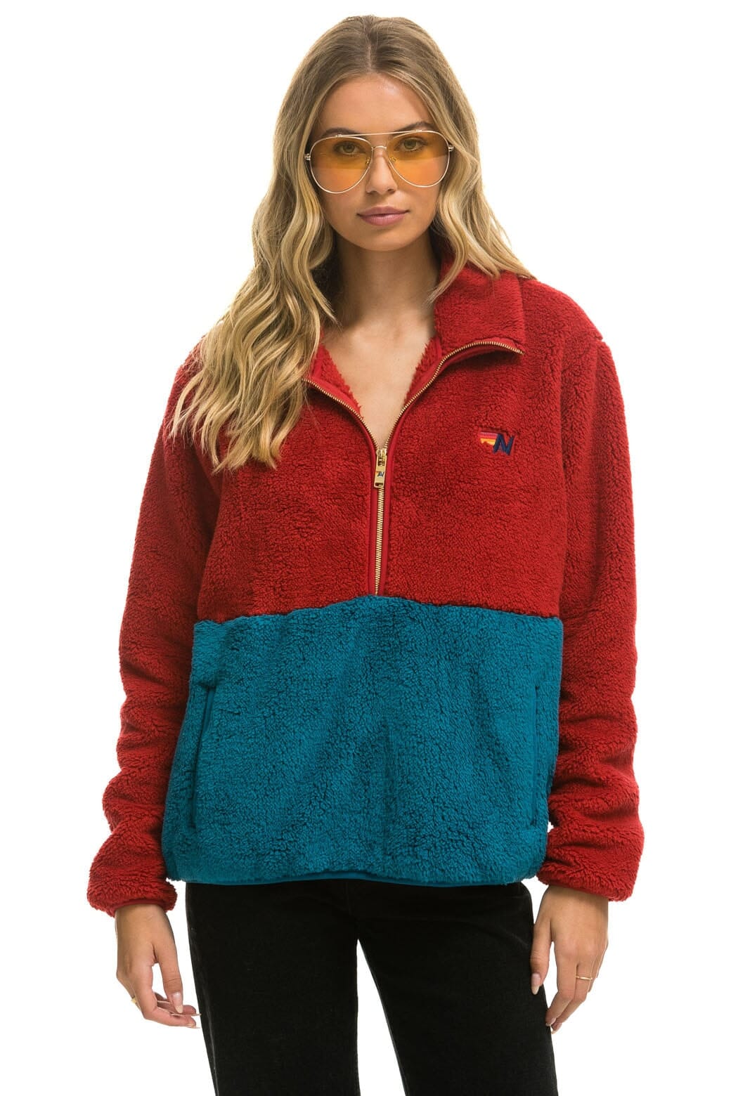TEDDY UNISEX HALF ZIP COLOR BLOCK JACKET - CHERRY - Image 8