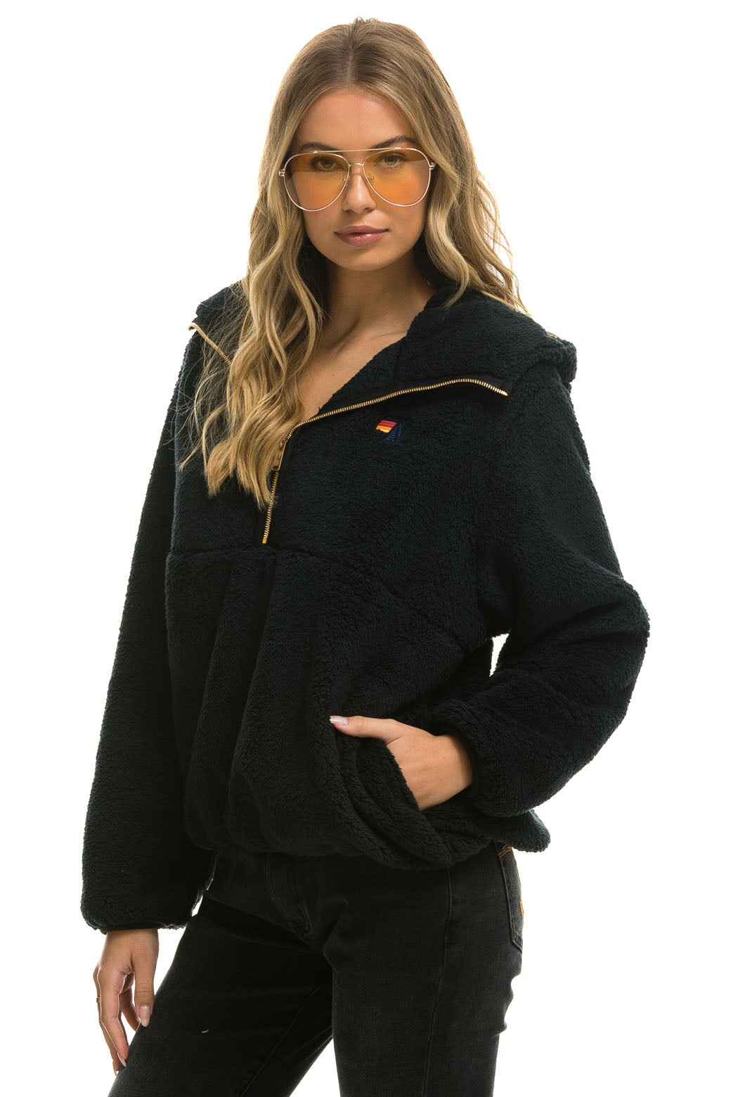 TEDDY UNISEX HOODED HALF ZIP JACKET - BLACK - Image 4