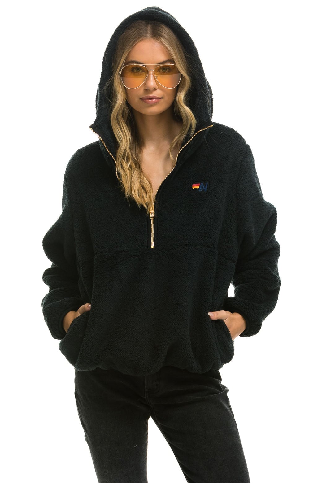 TEDDY UNISEX HOODED HALF ZIP JACKET - BLACK - Image 3
