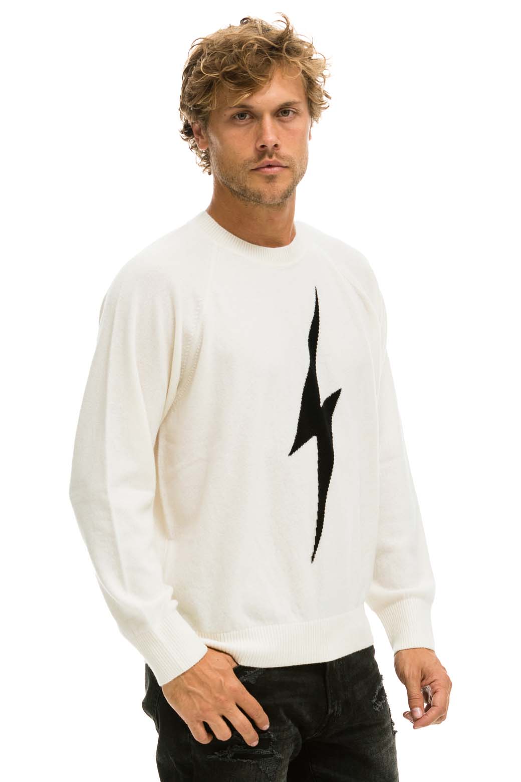 UNISEX BOLT CASHMERE LIGHT SWEATER - VINTAGE WHITE // BLACK BOLT - Image 6