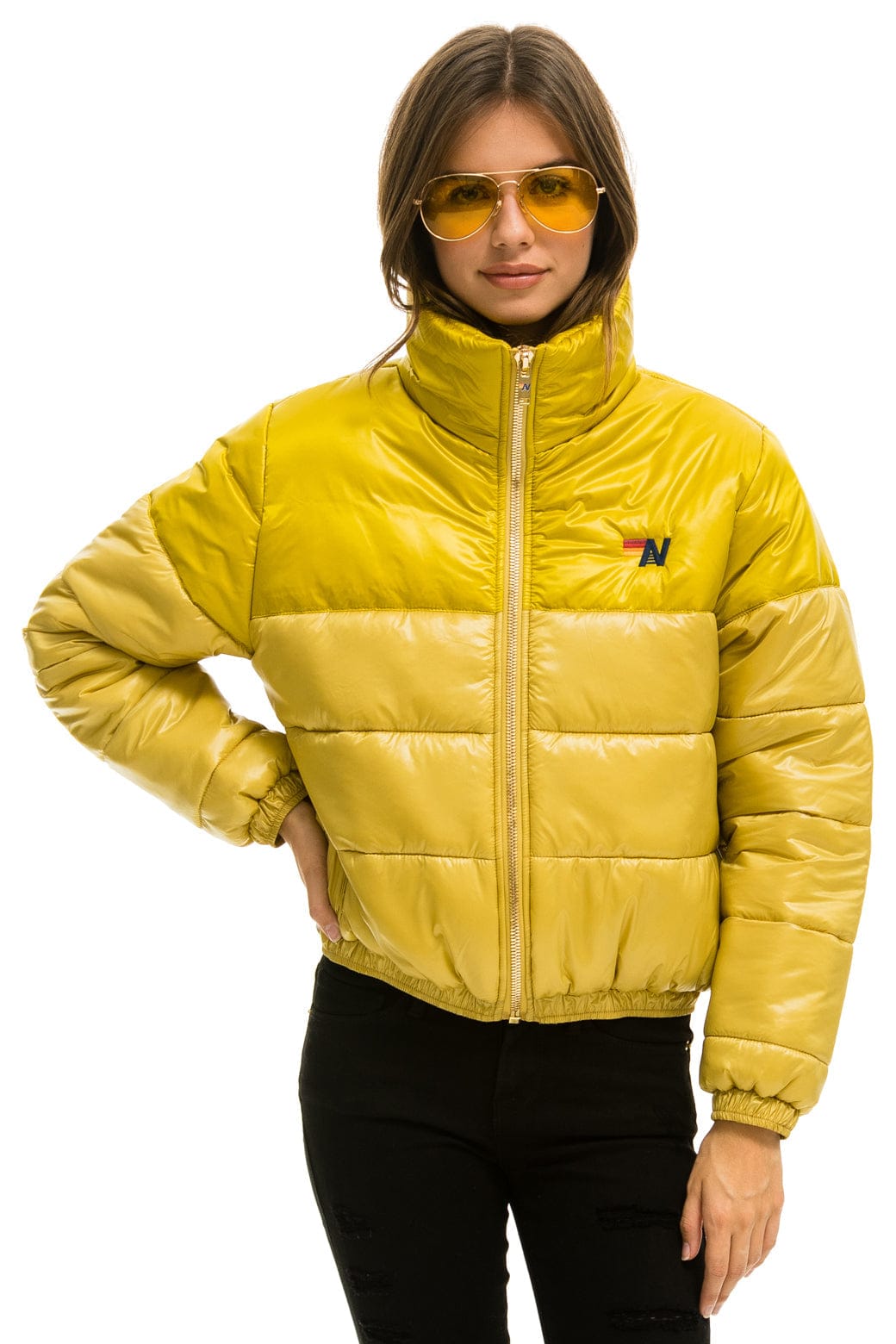 COLOR BLOCK HALF AND HALF APRES PUFFER JACKET - HONEY GLOSSY - Image 5